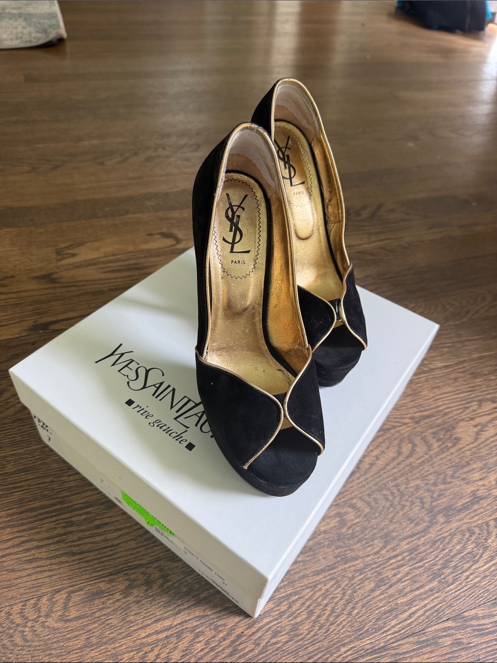 Yves Saint Laurent Black Suede Peep-Toe Heels with Gold Lining